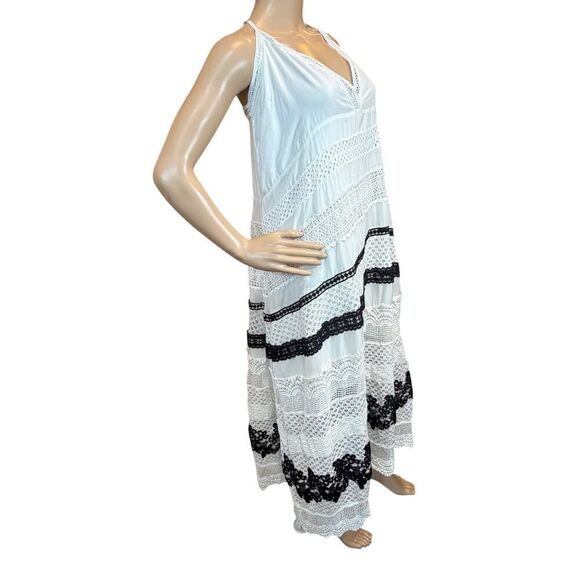 By Anthropologie Whimsigoth Boho Tiered Maxi Dress Contrast Crochet Lace SZ L - Picture 13 of 16